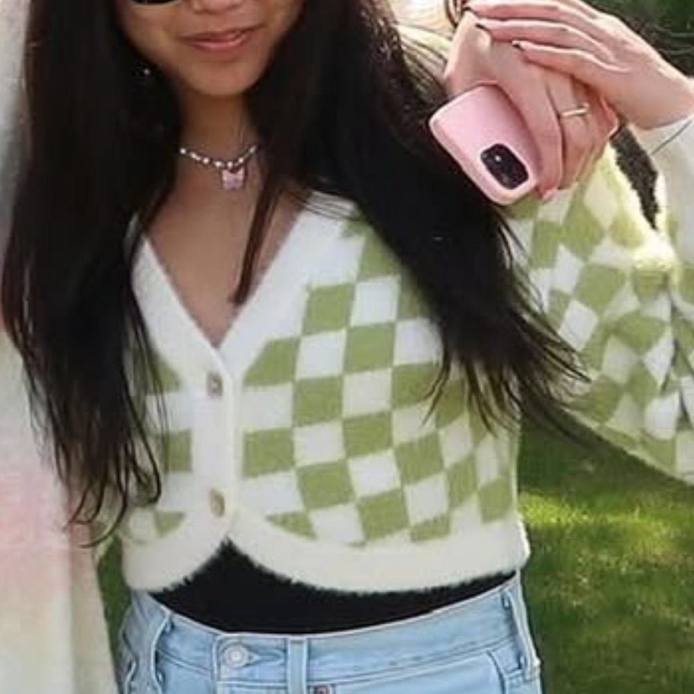 Green and White Checkered Women's Sweater